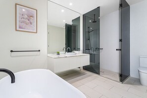 Hair dryer, towels, toilet paper