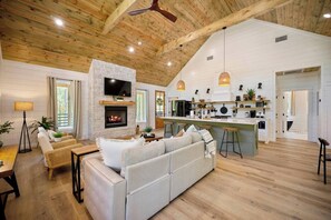 Smart TV, fireplace, books, stereo