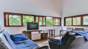 A room with two leather sofas, a TV, a small table, and large windows with a view of greenery.