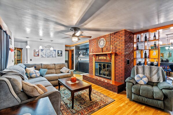 Smart TV, fireplace, video games, music library