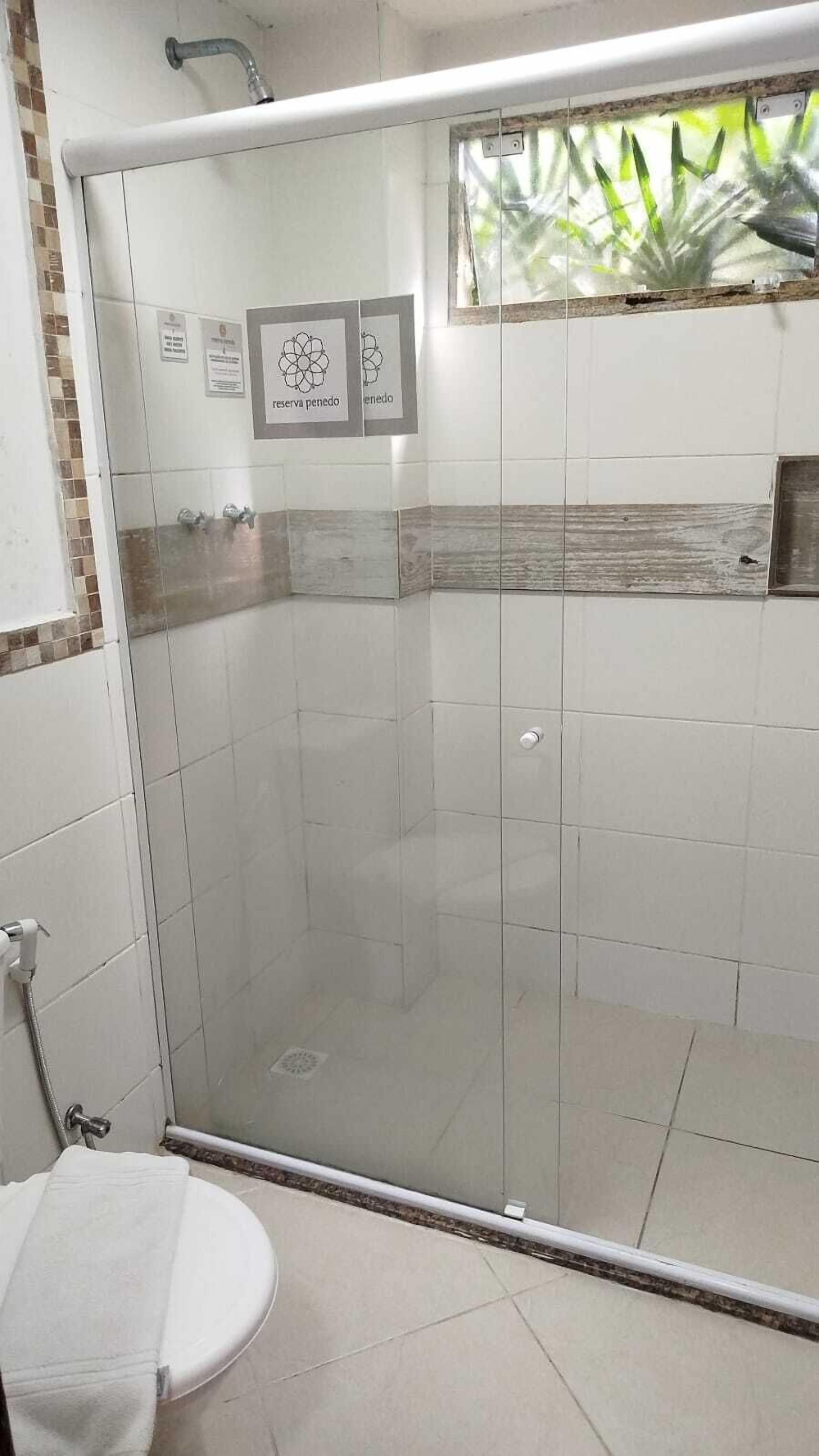 Zona de ducha con paredes de vidrio, piso de baldosas, un inodoro y una ventana con vista a plantas.
