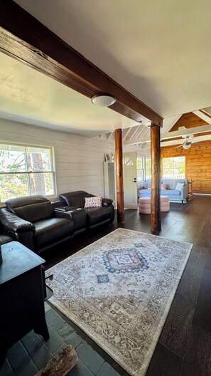 Smart TV, fireplace, books