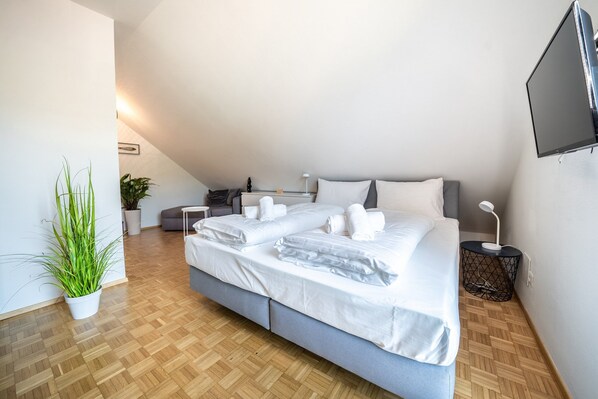 A modern bedroom with a large bed, a television, a plant, and a wooden floor.