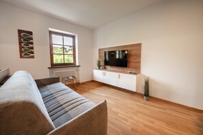 Un salon moderne avec un canapé, un téléviseur fixé sur un panneau en bois, une fenêtre donnant sur un paysage agréable et un radiateur.