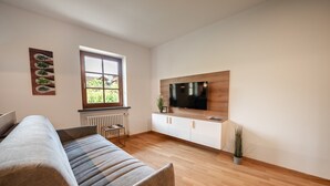 A modern living room with a sofa, a TV mounted on a wooden panel, a window with a view of greenery, and a radiator.