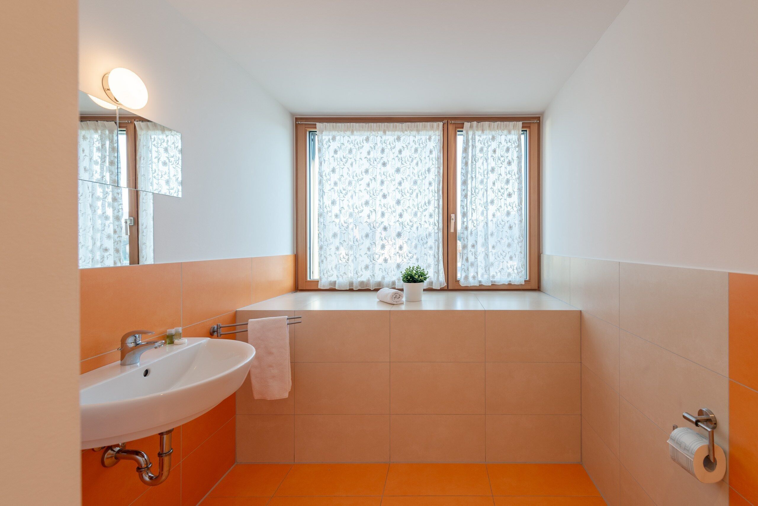 Een badkamer met een wastafel, spiegel, raam met gordijnen en een toiletrolhouder.