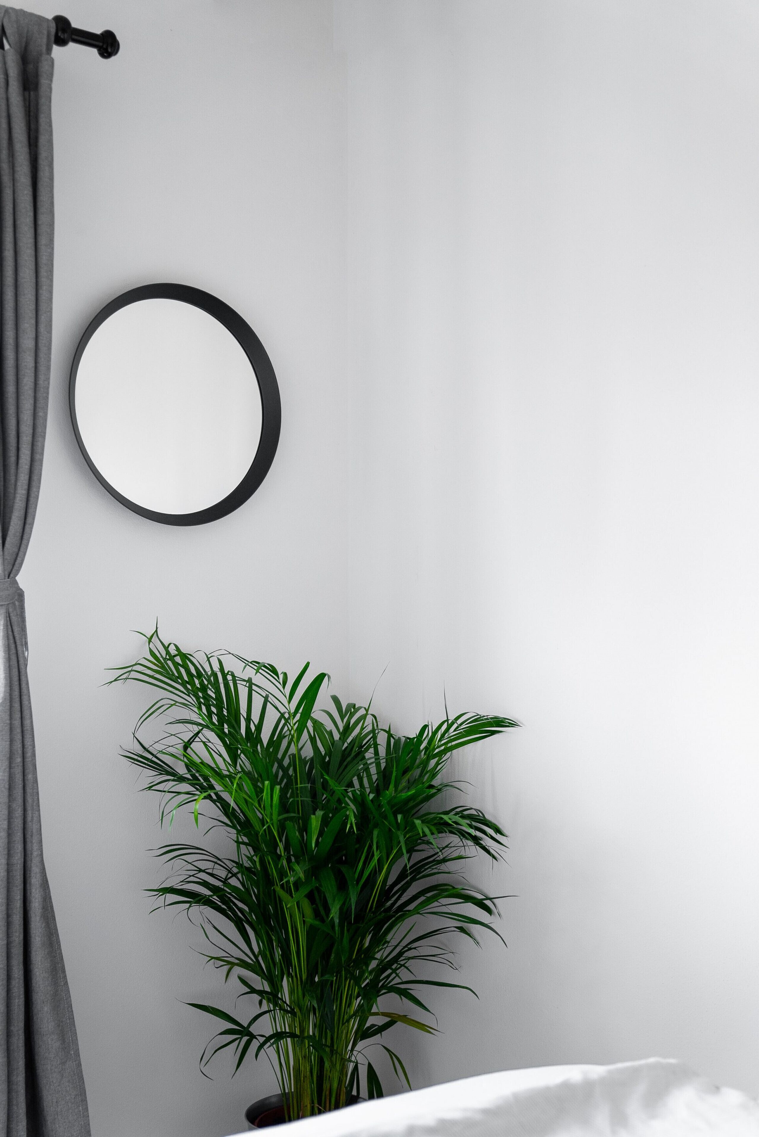 Une salle de bain avec un miroir rond, une plante en pot et un rideau gris.