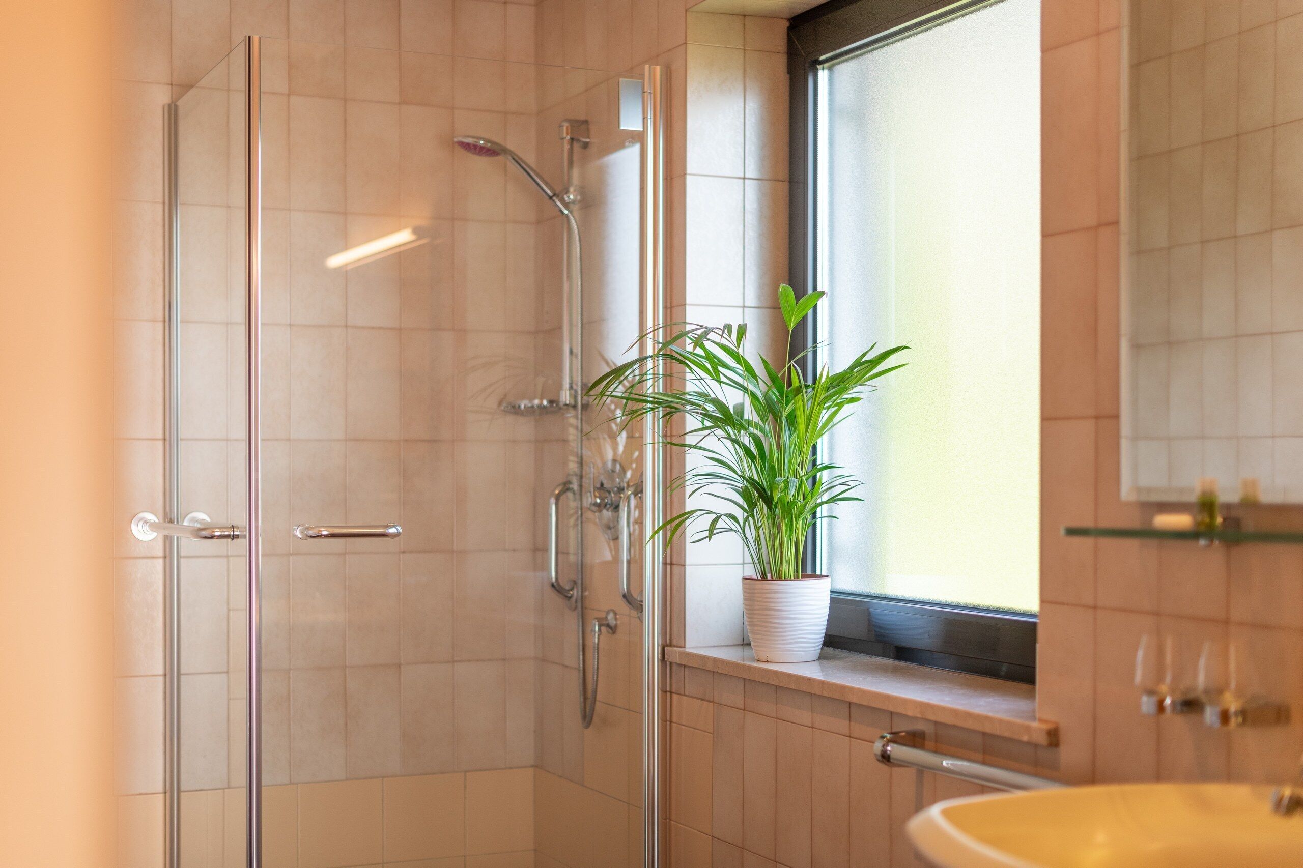 Douche, sèche-cheveux, serviettes fournies, savon