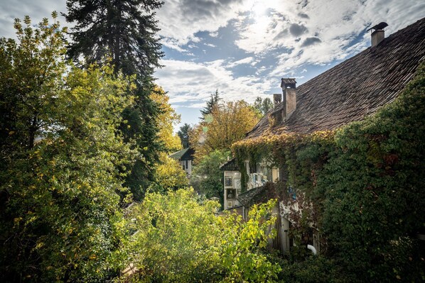 A traditional building with a tiled roof, surrounded by dense foliage and trees.