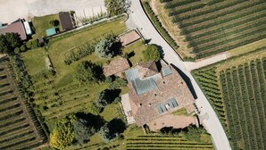 An aerial view of a property with a central building surrounded by landscaped gardens and vineyard rows. - 718B Apartment  Ansitz Wieshof (Caldaro sulla strada del vino)