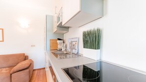 A compact kitchen with a built-in stove, a sink, and a wooden cabinet. - 718B Apartment  Ansitz Wieshof (Caldaro sulla strada del vino)