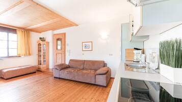 Un salon moderne avec un plancher en bois, un canapé marron, un meuble en bois et un coin cuisine équipé d’un évier et d’une machine à café.