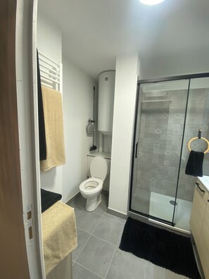 Shower, bidet, towels, toilet paper