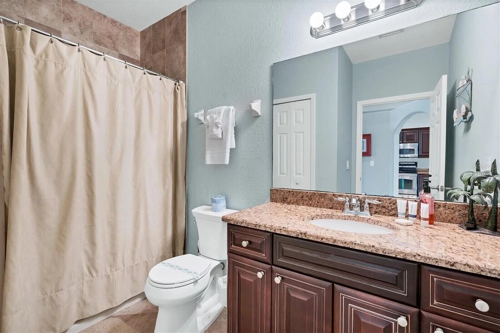 A bathroom with a shower curtain, a toilet, a sink with a granite countertop, and a mirror with lights above it.