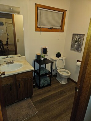 Shower, towels, soap, toilet paper