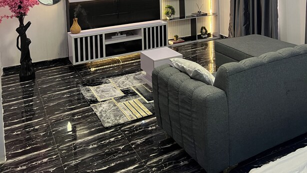 A modern living room with a black and white color scheme, a flat-screen TV, a grey sofa, a white console table, and a decorative plant. - Serene environment perfect for a pri8 short or long stay.Beach,bar n mall nearby (Eti-Osa)