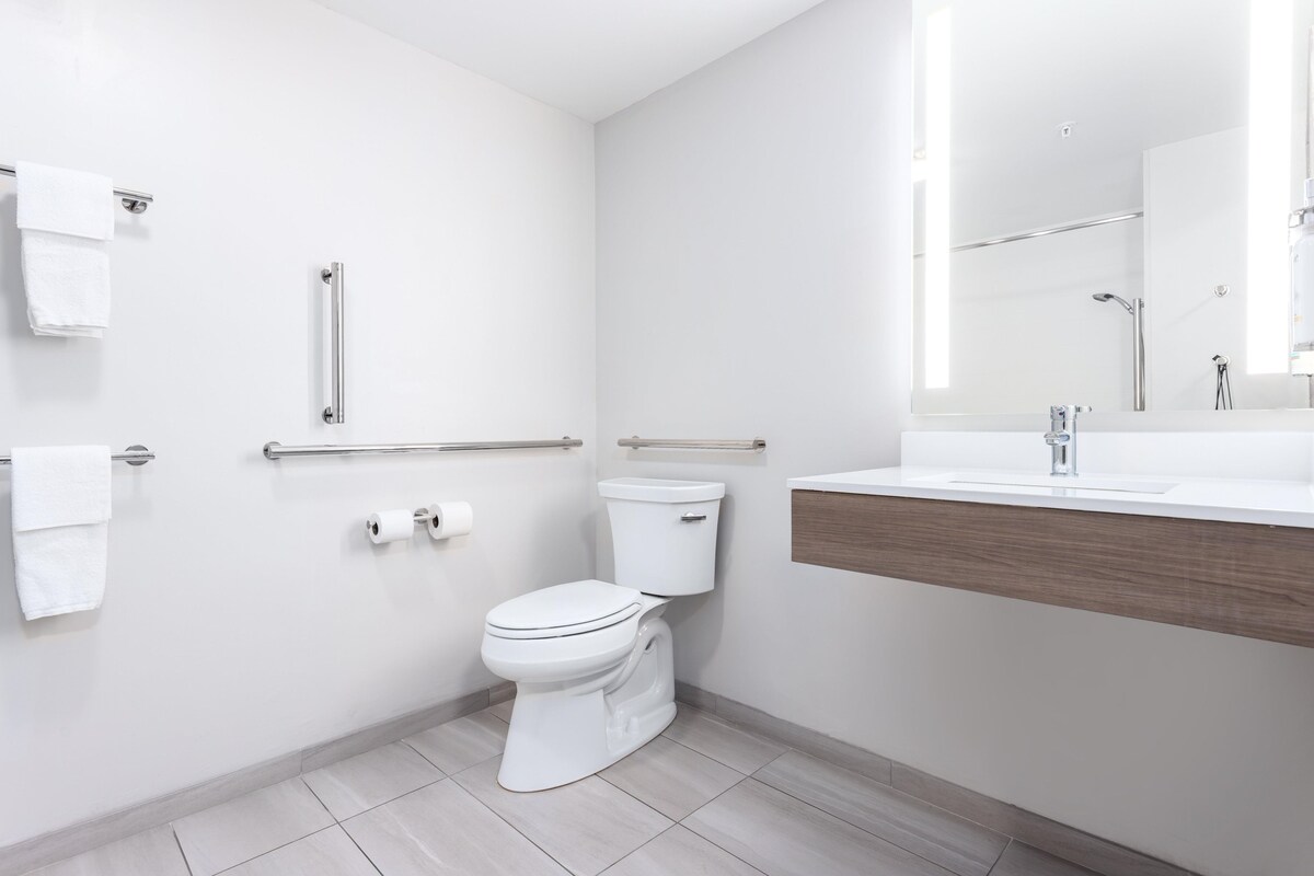 Un baño moderno con inodoro, barras de apoyo, lavamanos y espejo.