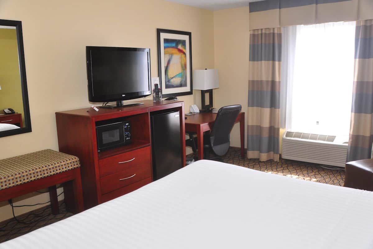 A hotel room with a bed, a desk with a television, a microwave, a chair, and an air conditioning unit.