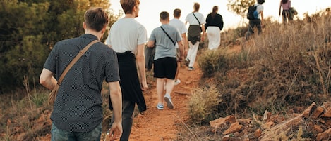 A group of people walking on a dirt path surrounded by vegetation.