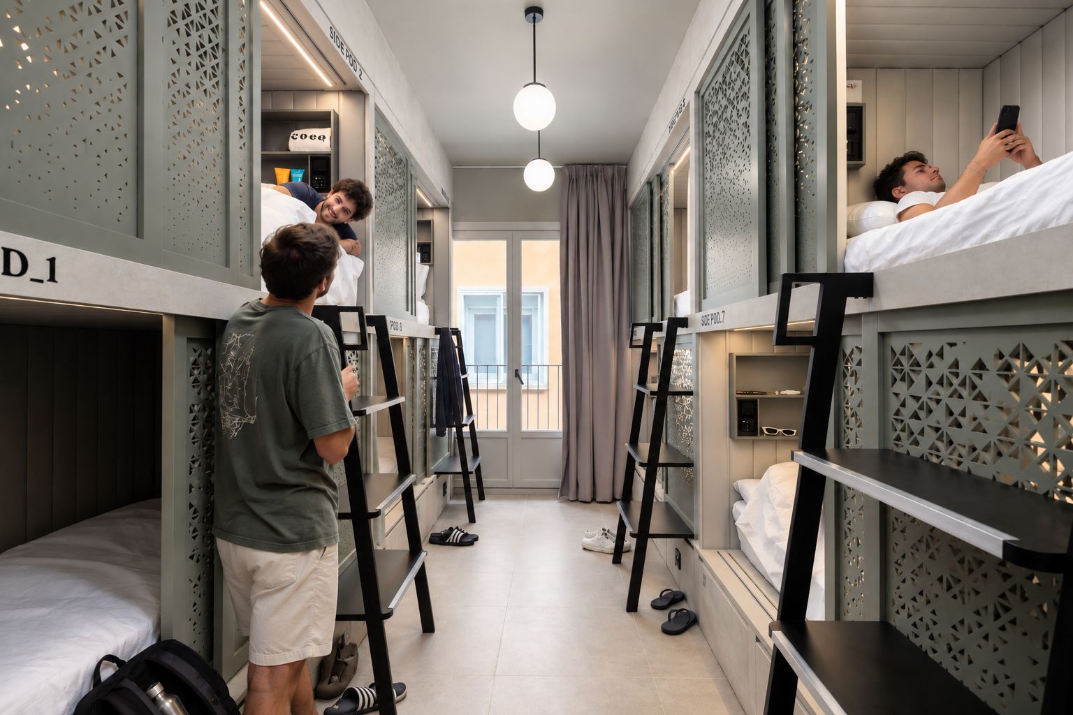 Un dormitorio con literas, una escalera, una mesita pequeña y una ventana con cortinas.