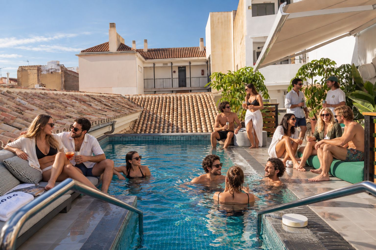 A poolside gathering with people sitting and standing around a pool, surrounded by buildings and plants.