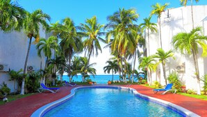 Una piscina de borde curvo, rodeada de palmeras y sillas de descanso, con vista al océano en el fondo.