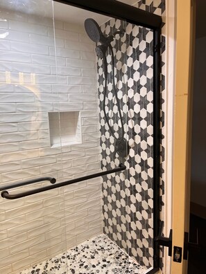 Shower, hair dryer, towels, soap