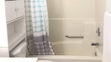 Hair dryer, towels, soap, toilet paper