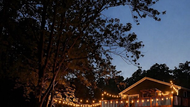 A wooden cabin with a fire pit and outdoor seating, surrounded by trees and string lights. - New Remodel on Black River with Hot Tub, Kayaks, Gym, Fireplace, & Game Room (South Haven)