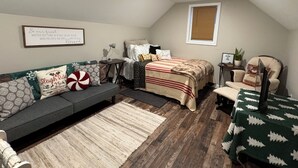 A cozy loft bedroom with a loft bed, a gray sofa, and a small desk. - Peaceful Woodland charm 12 minutes from Corbin/London, 18 minutes from I-75 (Lily)