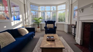 Smart TV, chimenea, libros y estéreo