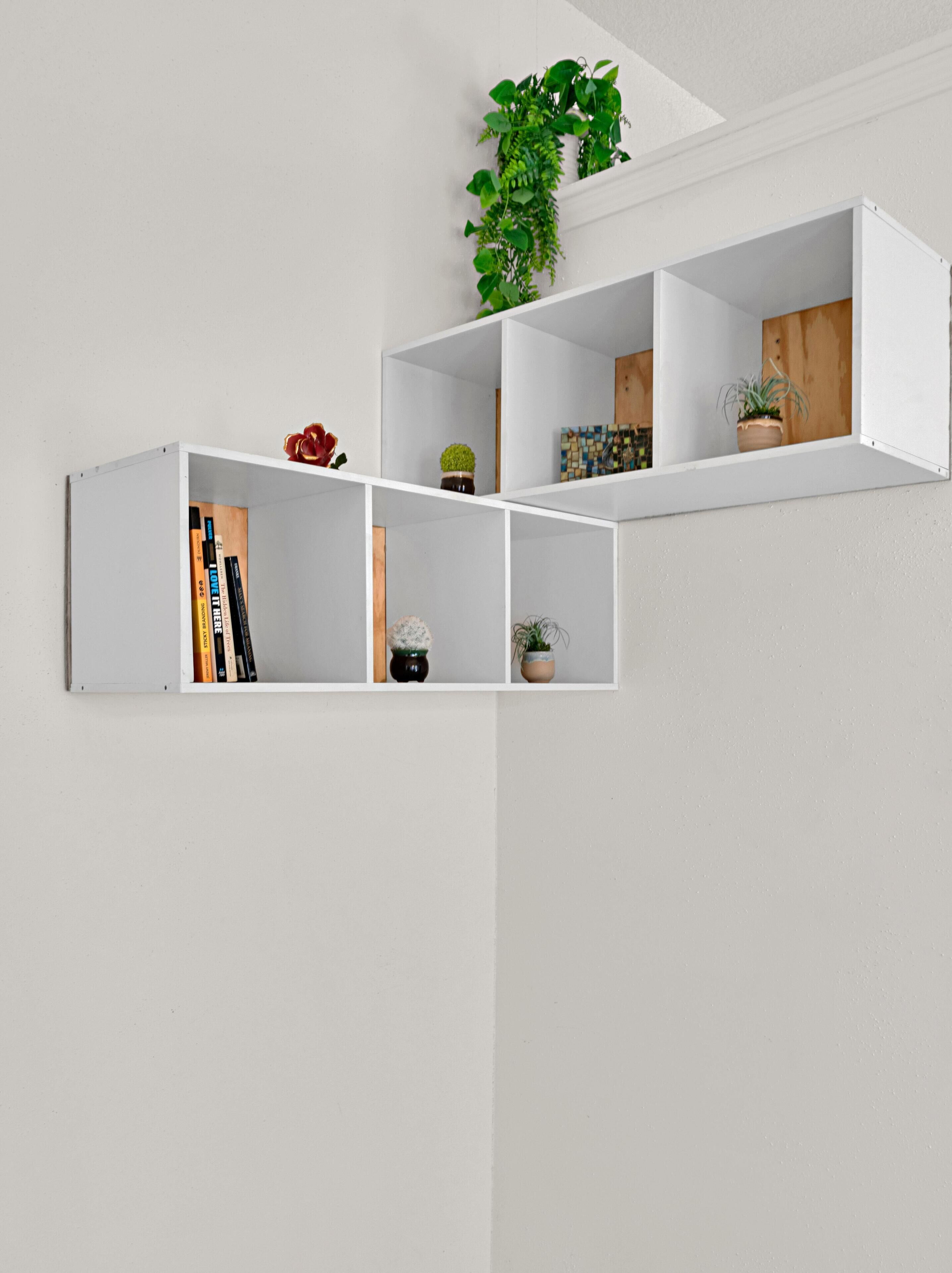 Pared blanca con un estante empotrado que contiene libros, pequeñas macetas y un objeto decorativo.