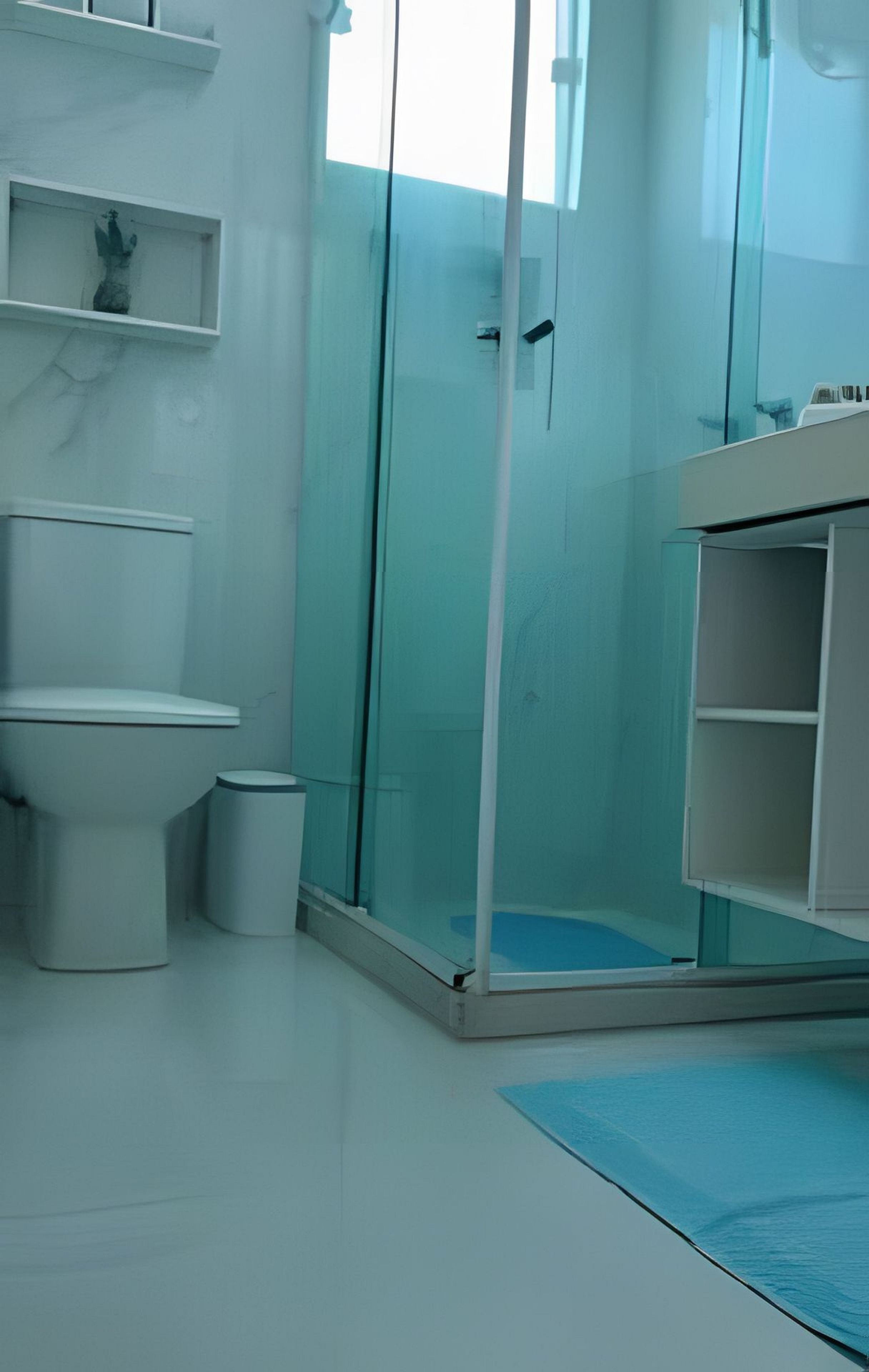 A modern bathroom with a glass shower enclosure, a toilet, and a sink with a cabinet.