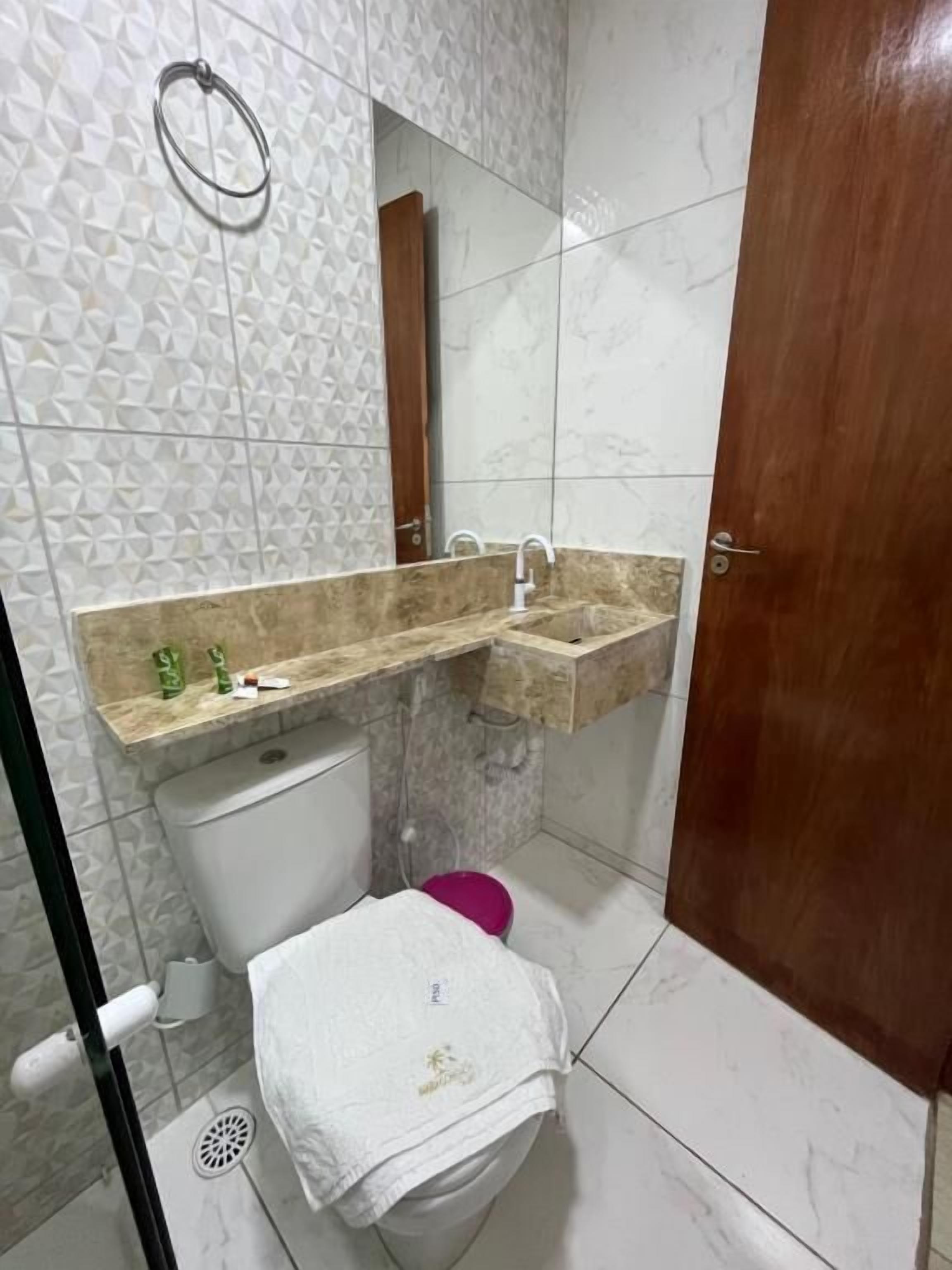 A bathroom with a toilet, sink, and mirror.