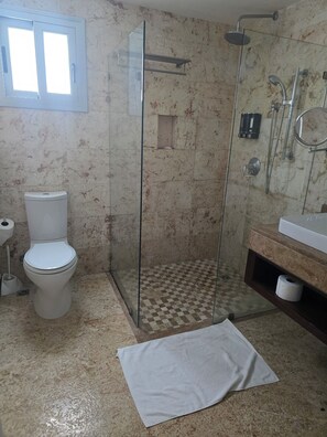 Douche, sèche-cheveux, serviettes fournies, savon