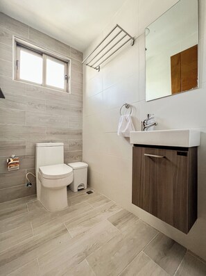 Un baño moderno con inodoro, bidé y lavamanos con mueble de madera.