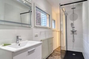 Bathroom features a vanity with a mirror, faucet, and soap dish, as well as a glass-enclosed shower with a handheld showerhead and wall-mounted control panel.