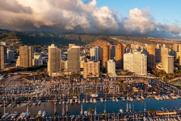 A marina filled with boats and a cityscape with tall buildings in the background.