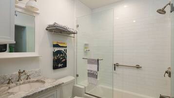 Hair dryer, towels, soap, toilet paper