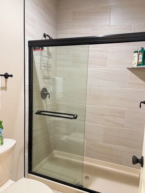 Hair dryer, towels, soap, shampoo