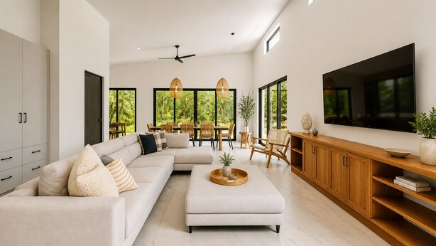 A modern living room with a sofa, ottoman, wooden cabinet, and a TV. - Large Modern 3-BED house with pool, AC and WiFi in Uvita (Uvita)