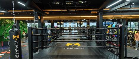 A boxing ring with "ALPHA FITNESS" branding, surrounded by gym equipment and a punching bag.