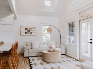 Smart TV, fireplace, books