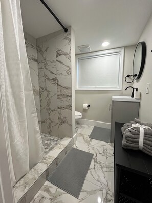 Shower, hair dryer, towels, soap