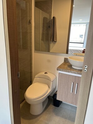 Hair dryer, towels, soap, shampoo