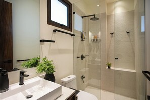 Shower, hair dryer, towels