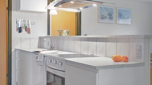 A modern kitchen with a built-in oven, a sink, and a stove. There are two framed pictures on the wall above the counter. - Lovely home in Samsø with WiFi (Samsø)
