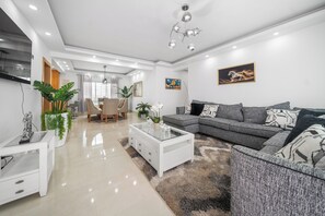 Familie appartement, uitzicht op tuin | Woonruimte | Een 55-inch smart-tv met digitale zenders, Netflix en streamingdiensten