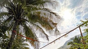A paved walkway with a checkered pattern, surrounded by lush greenery and palm trees. - Madhura Agro Tourism (Wai)