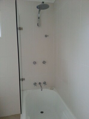 Hair dryer, towels, soap, shampoo